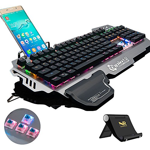 Normia Rita 104 klicken Mechanische Spiel Tastatur, Hintergrundbeleuchtung RGB LED Gaming-Tastatur, Beleuchtete Mechanical Keyboard mit Handy Halter - Aluminum Metall GunMetal - Blau Switch 60g