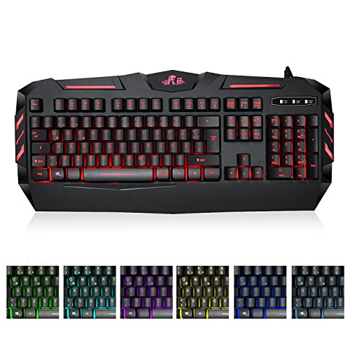 Rii RK900 Gaming Tastatur, 105 Tasten, LED-Hintergrundbeleuchtung 7 Farben Helligkeit- Schwarz - QWERTZ, deutsches Layout (Gaming Tastatur)