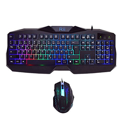 Rii RK400 LED-Hintergrundbeleuchtung 7 Farben Helligkeit USB wasserdicht Gaming Tastatur und Maus Set, maus mit 1000-1600-2000 DPI und 4 Tasten, QWERTZ DE Layout für Pro Gamer schwarz(Gaming Tastatur und Maus Set)