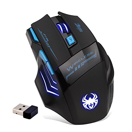 Zelotes Schnurlos Maus Wireless Mouse, 2,4 GHz 7 Tasten 2400dpi blau LED optische Gaming gamer Maus kabellos Mäuse für Notebook, PC, Mac, Laptop (schwarz)