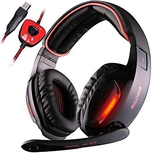 Gaming Headsets, SADES SA902 Kopfhörer Gaming Dolby 7.1-Surround-Sound für PC Mit Mikrofon Over ear Lautstärkeregelung USB LED [ PC, Laptop, Tablet ] Schwarz /Rot